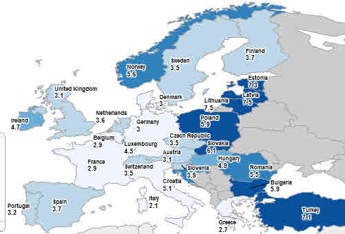 Fig.
2. Map of average GDP growth per year of EU countries in the period
1995-2012.
