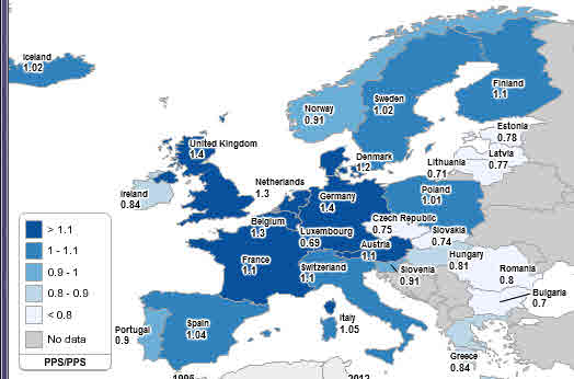 Fig.
3. Map of average relative gross earning in EU contries,
1995-2012.