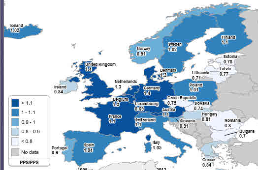 Fig.
3. Map of average relative gross earning in EU countries,
1995-2012.